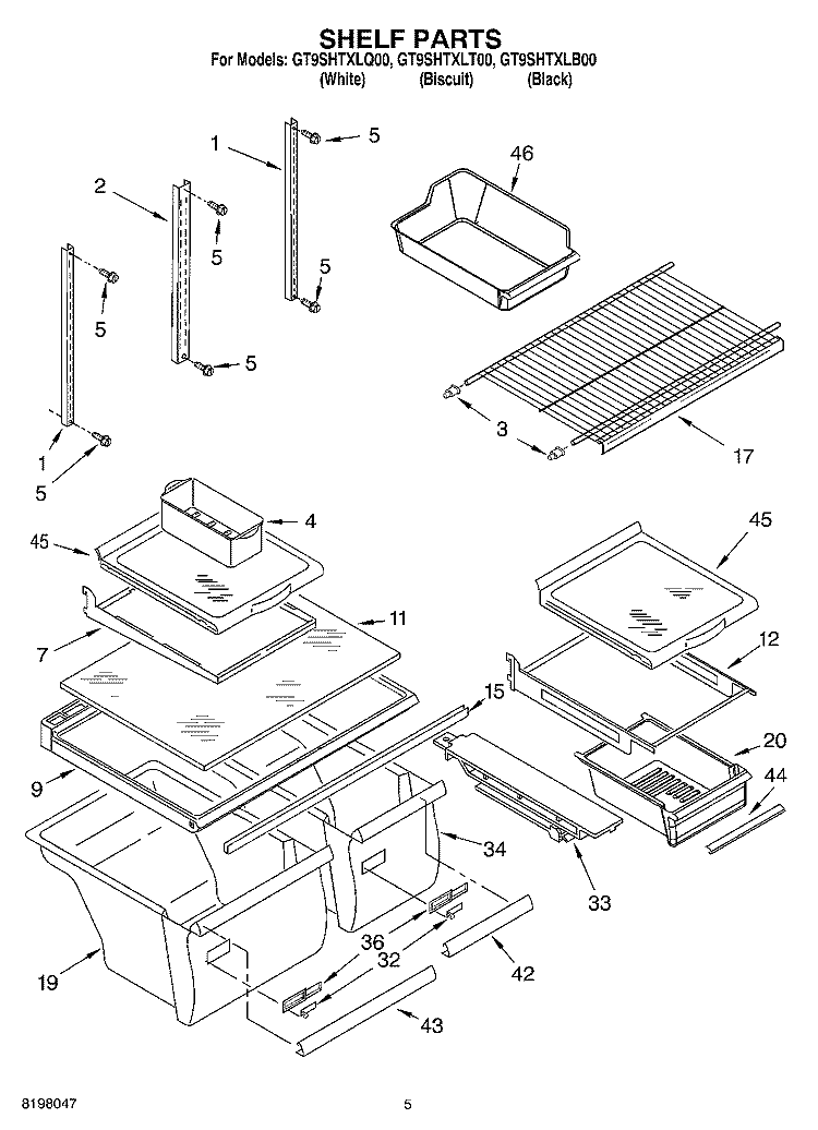 SHELF Diagram and Parts List for GT9SHTXLT00  Whirlpool Refrigerator