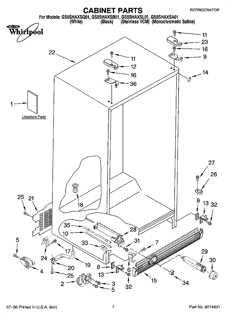 CABINET PARTS Diagram and Parts List for GS5SHAXSB01  Whirlpool Refrigerator