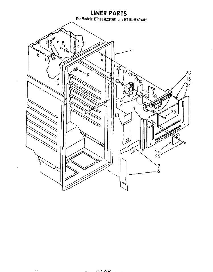 LINER Diagram and Parts List for ET18JMYSF01  Whirlpool Refrigerator