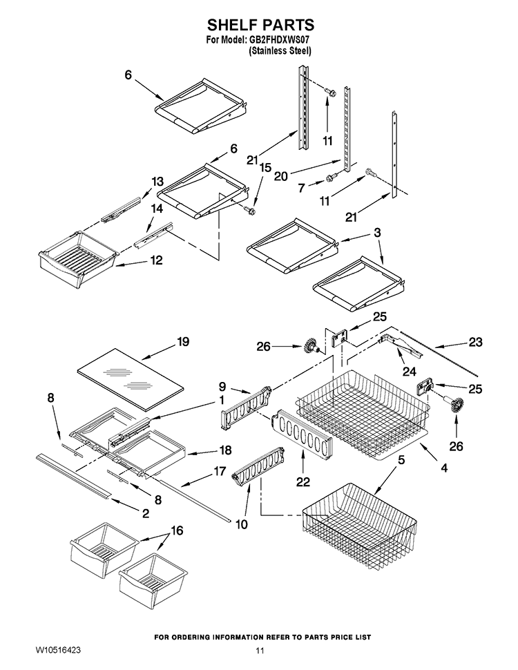 SHELF PARTS Diagram and Parts List for GB2FHDXWS07  Whirlpool Refrigerator
