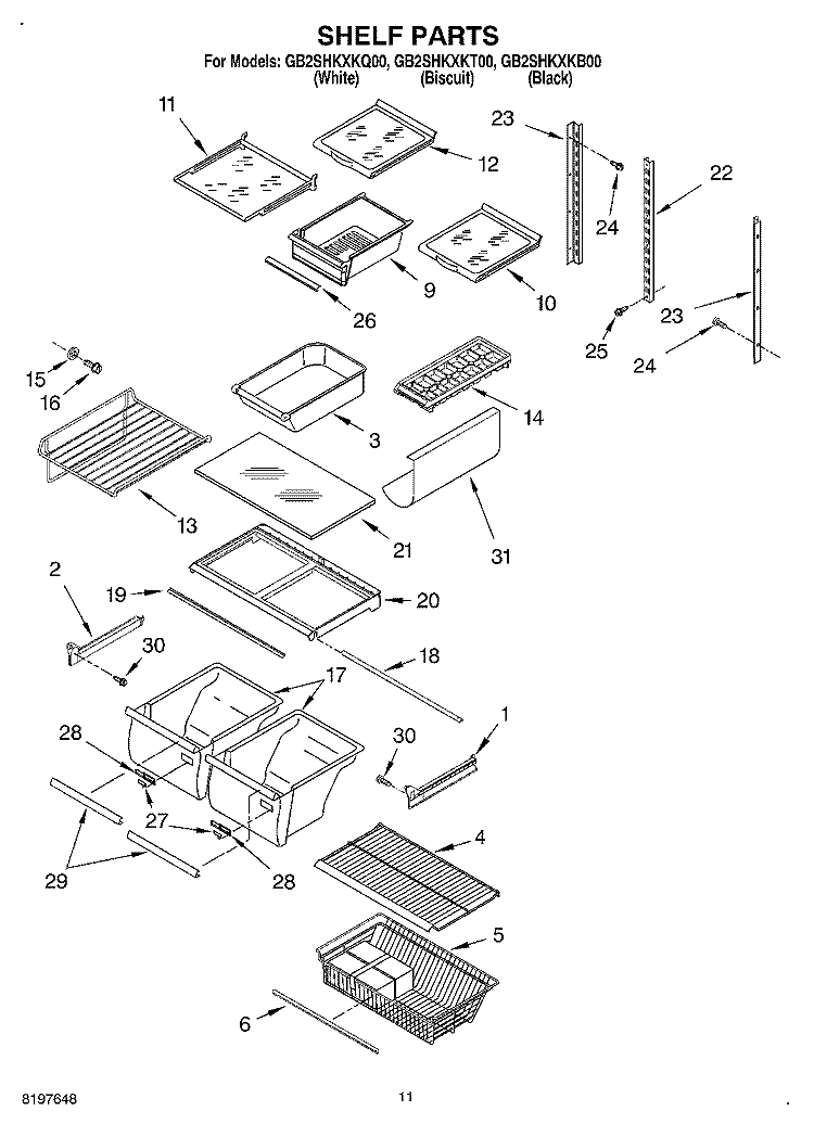SHELF, OPTIONAL Diagram and Parts List for GB2SHKXKQ00  Whirlpool Refrigerator