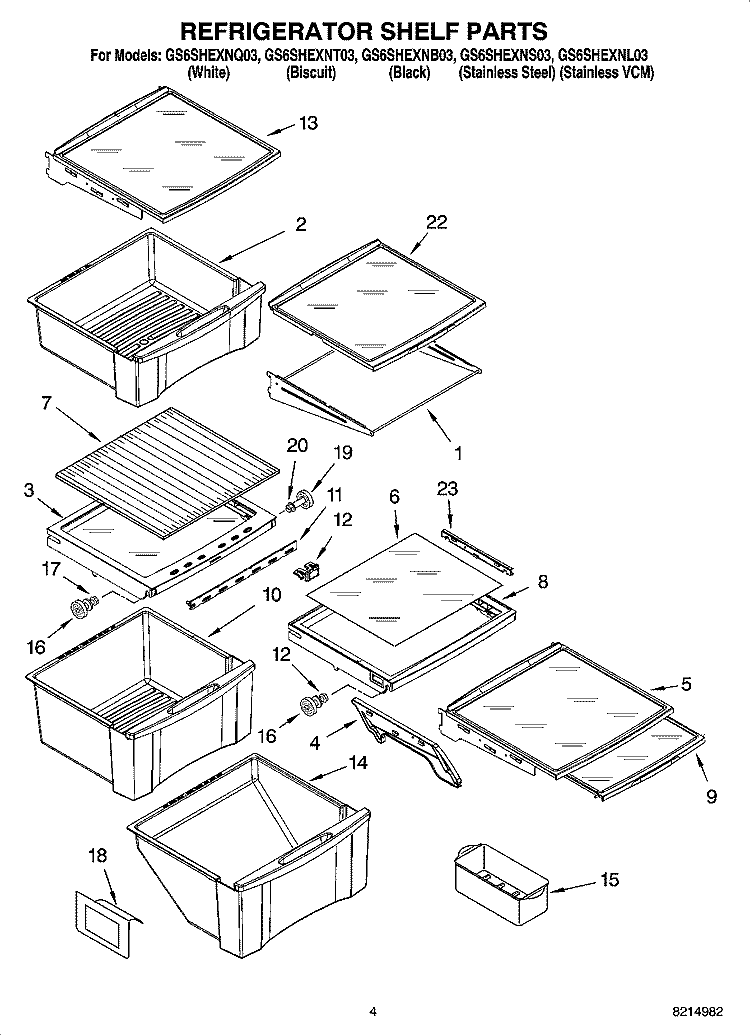 REFRIGERATOR SHELF PARTS Diagram and Parts List for GS6SHEXNT03  Whirlpool Refrigerator