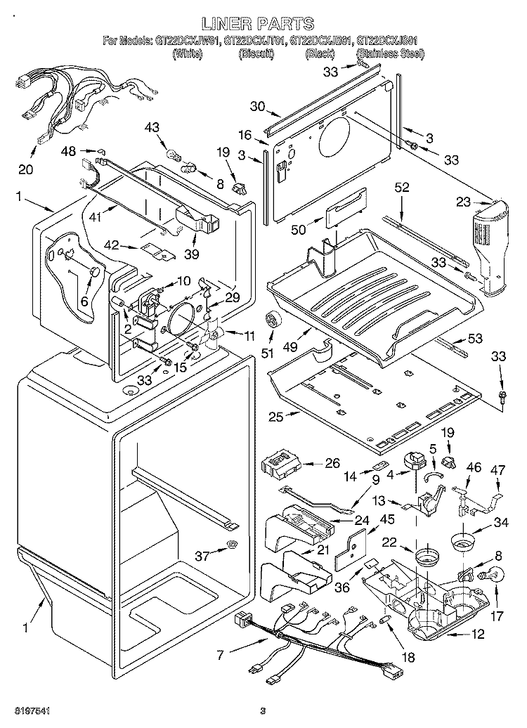 LINER Diagram and Parts List for GT22DCXJB01  Whirlpool Refrigerator