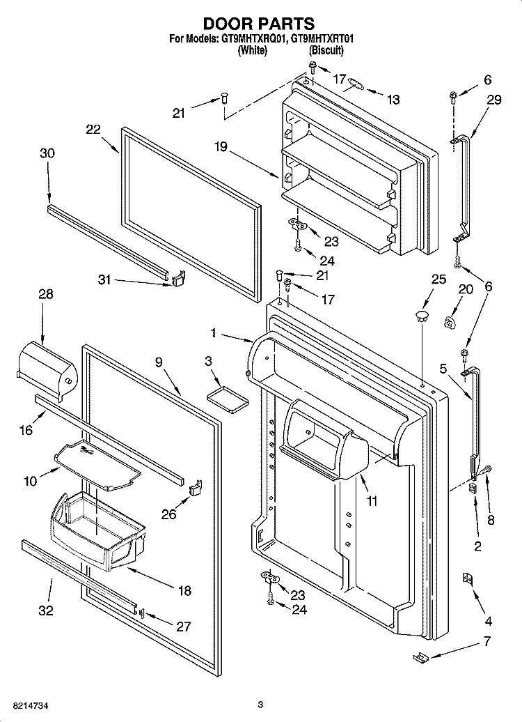 DOOR PARTS Diagram and Parts List for GT9MHTXRT01  Whirlpool Refrigerator