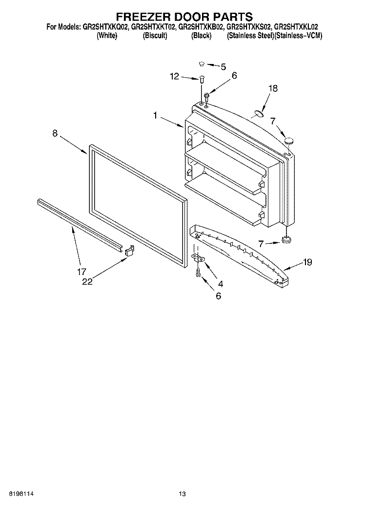 FREEZER DOOR Diagram and Parts List for GR2SHTXKS02  Whirlpool Refrigerator